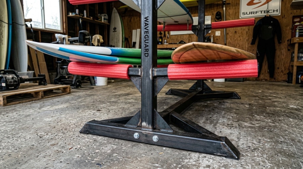 Close-up of a sturdy metal surfboard rack featuring protective foam padding.