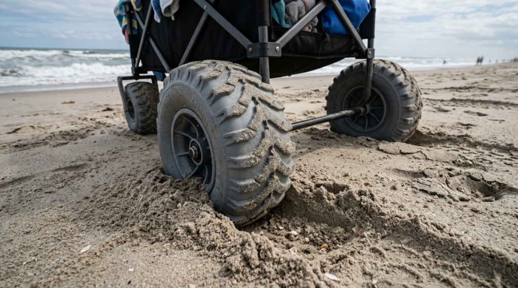 Close-up of wide all-terrain wheels on a folding beach cart.