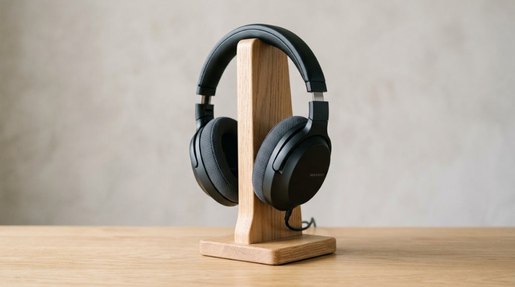 Person wearing affordable over-ear headphones while working on a laptop.