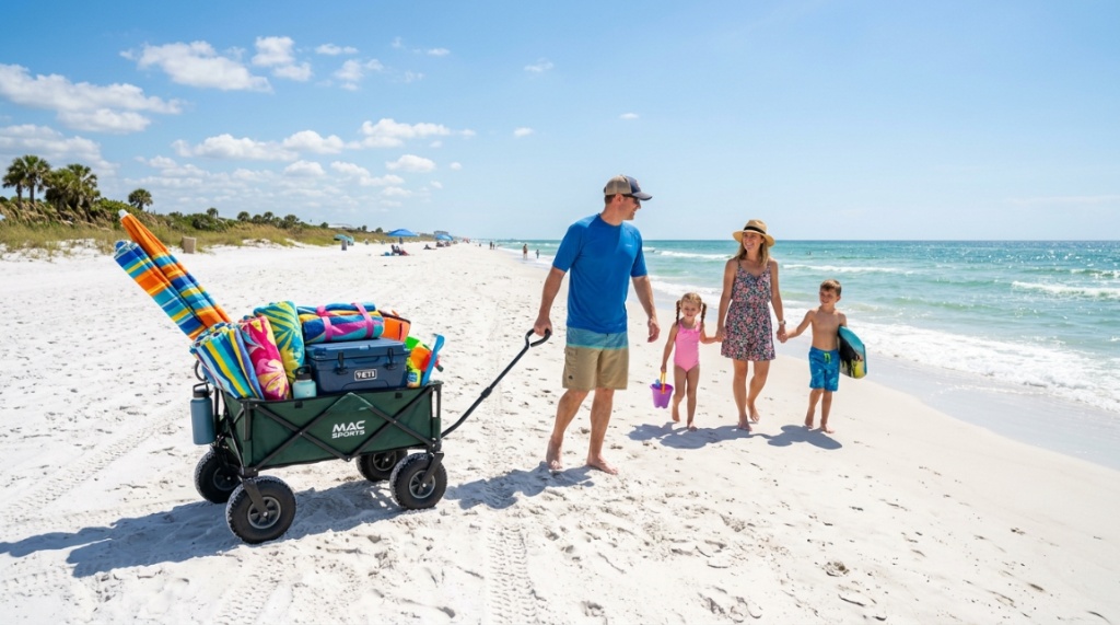 Family pulling a utility wagon loaded with gear on white sand.