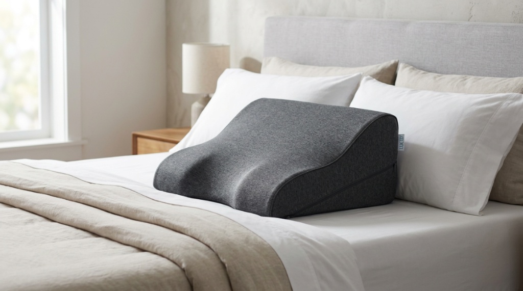 Side view of an ergonomic wedge pillow supporting proper spinal alignment.