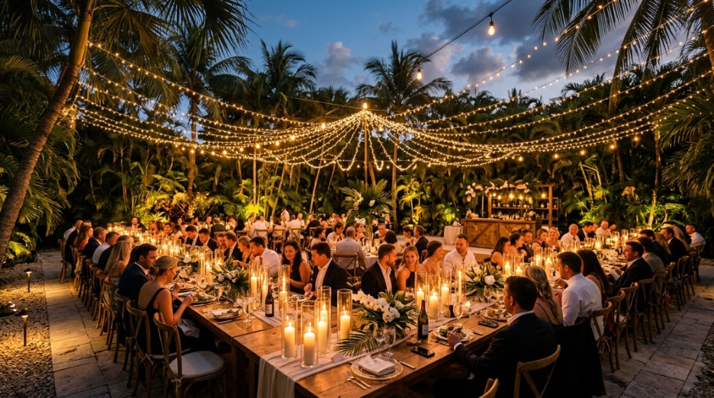 Outdoor Florida wedding reception glowing with candle arrangements at dusk.