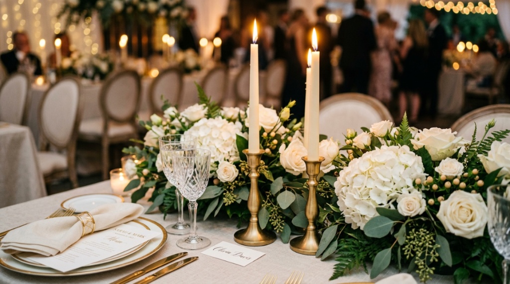 Close-up of elegant wedding table centerpiece featuring candles and white flowers.