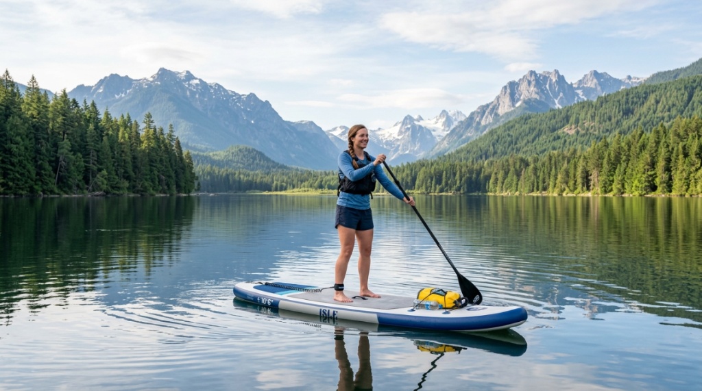 Paddler standing stably on an inflatable SUP on a calm Washington lake.