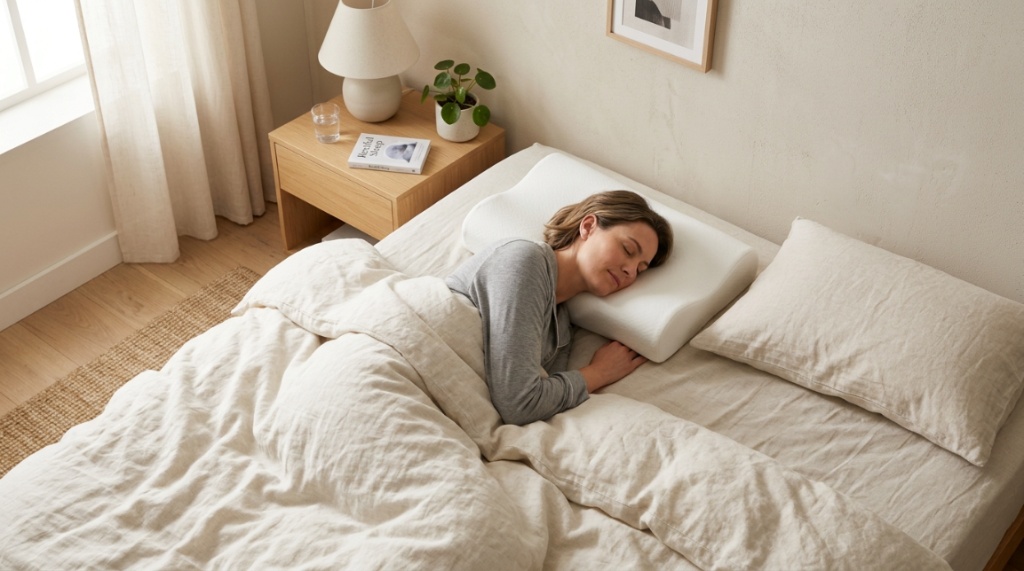 Person sleeping comfortably on an orthopedic pillow supporting their neck.