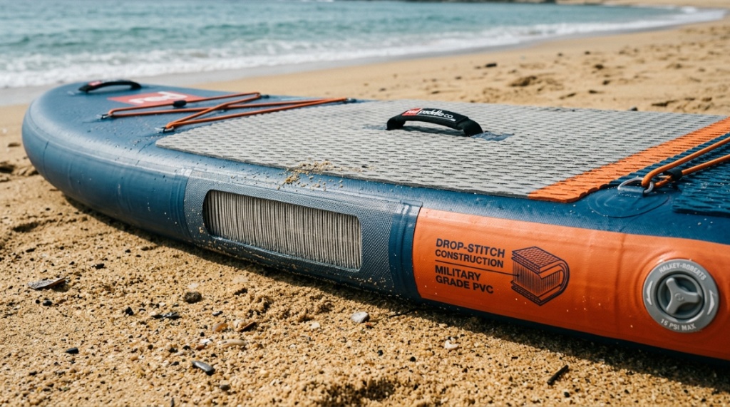 Close-up of a wide inflatable paddleboard deck and durable construction.