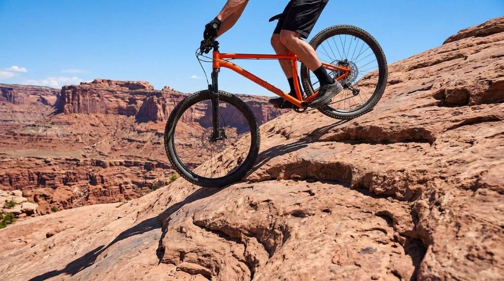 Hardtail bike chain and rear derailleur on rocky trail