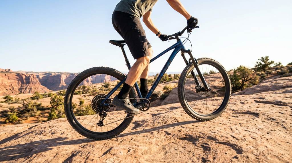 Hardtail mountain bike riding rough Moab sandstone trail
