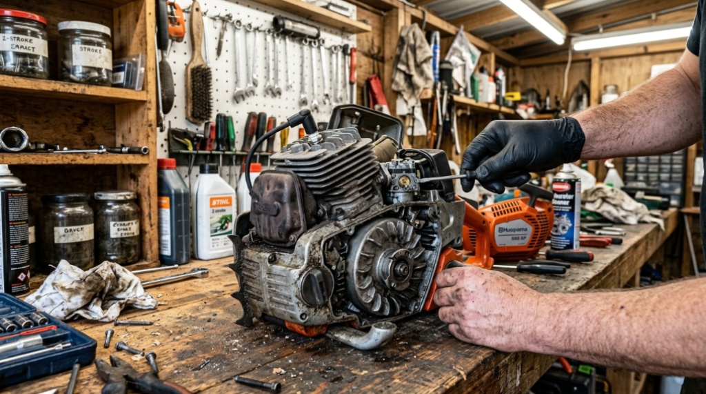 Gas chainsaw engine on a workbench inside a backyard shed.