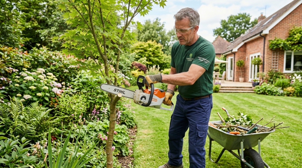 Homeowner cutting small tree branches with a cordless chainsaw in a yard.