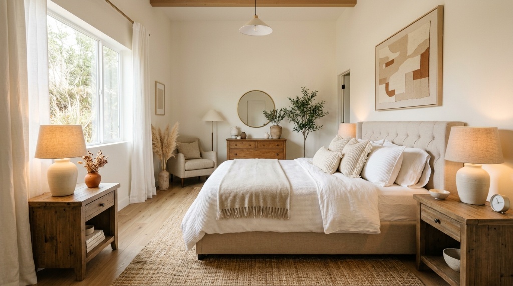 A cozy neutral bedroom featuring layered beige bedding and warm lighting.