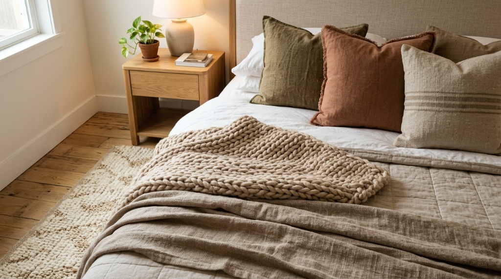 Textured throw pillows and soft knit blankets on a neutral bed.